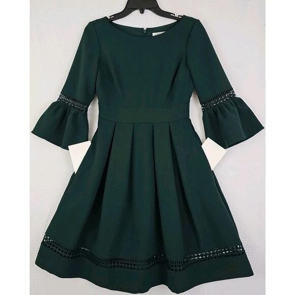 Eliza J~Woman Size 0~Dark Green Fit & Flare 3/4 Sleeve Elegant Dress Fully Lined - Picture 1 of 16